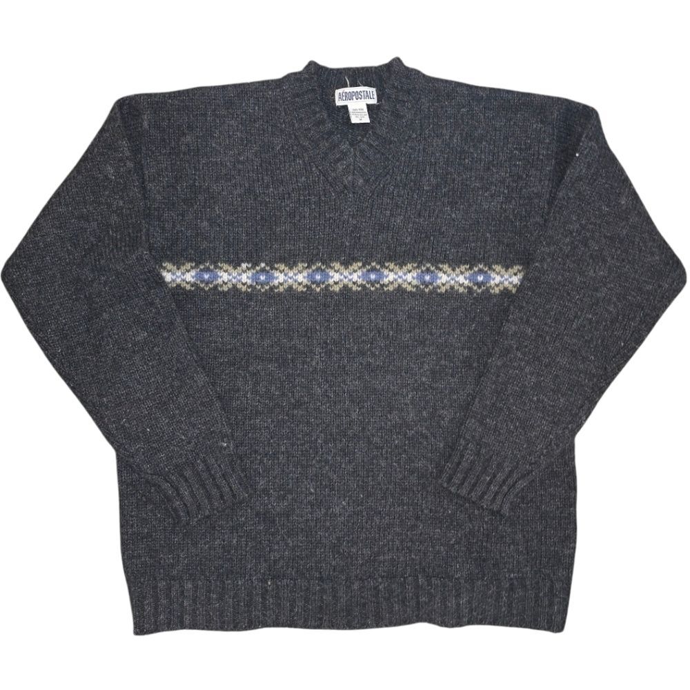 Vintage Aeropostale 90s Wool Sweater Men’s Size Medium Gray Fair Isle V-Neck Ski